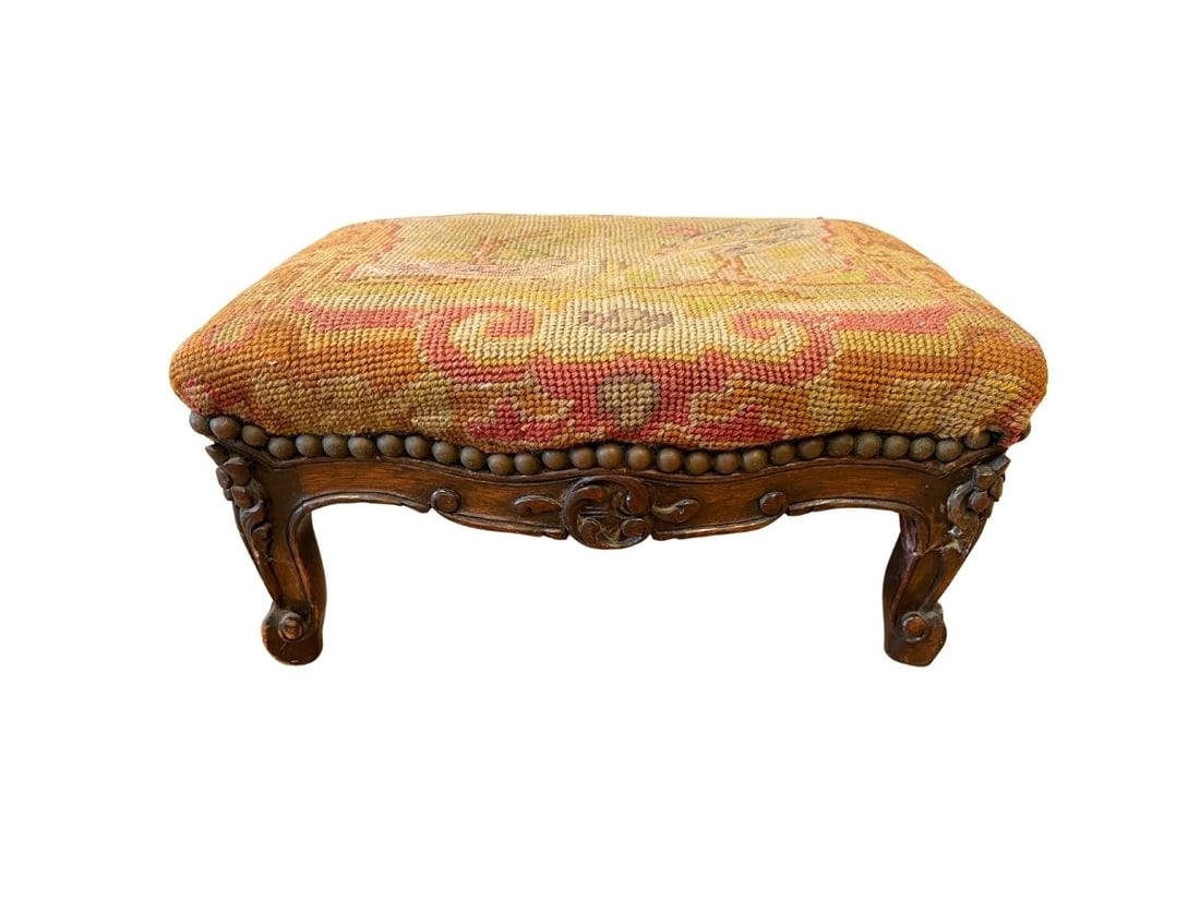 Antique Needlepoint Footstool with Two Birds: 14in w x 11in d x 6.75in h