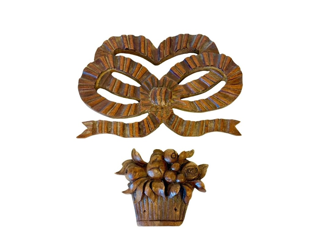 Antique French Carved Wooden Bow and Fruit Basket Ornaments: Ribbon 13inw x 9in h x 1.5in d, Fruit Basket 7in w x 5.5in h x 2in d