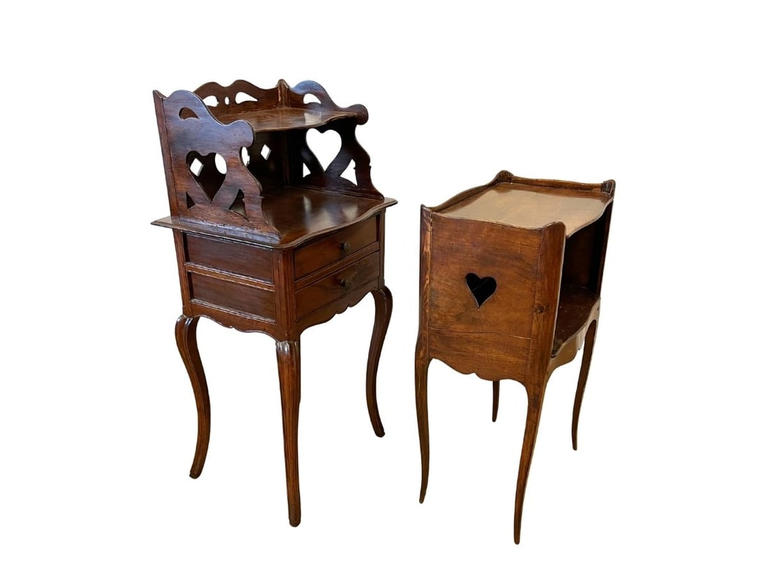 Antique Side Tables with Heart Details, Set of 2: 17in w x 12in d x 28.5in h, 17.75in w x 13.75in d x 36in h