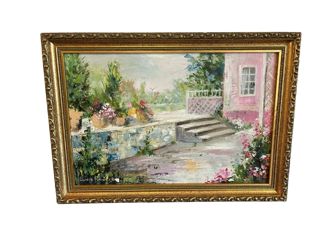 Lucie Anderes Garden Steps Oil Painting, Signed Lower Left: 16in w x 11.25in h x 1in d