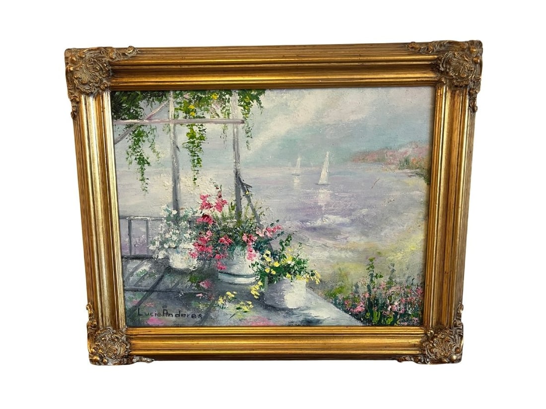 Lucie Anderes Flowers and Boats Oil Painting, Signed Lower Left: 17in w x 14in h x 1.5in d