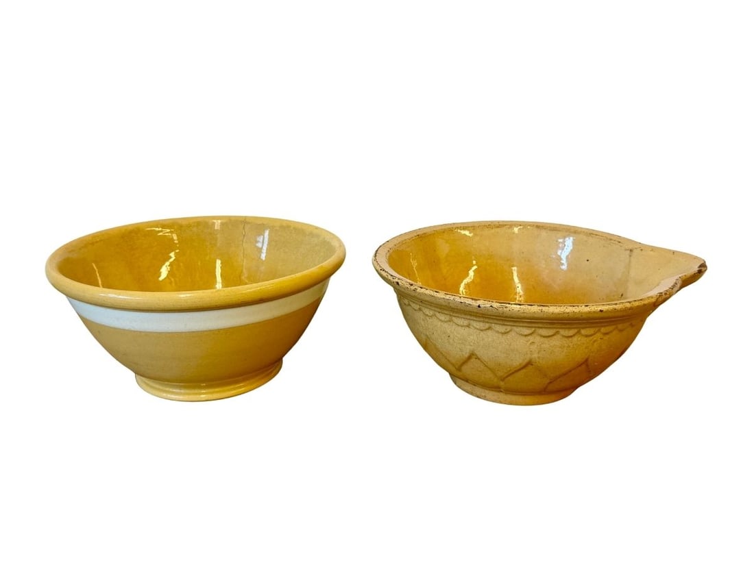 Antique Yellow Ware Batter Bowl and Banded Bowl: Batter Bowl 13in w x 11in d x 5in h, Striped Bowl 11in diameter x 5in h