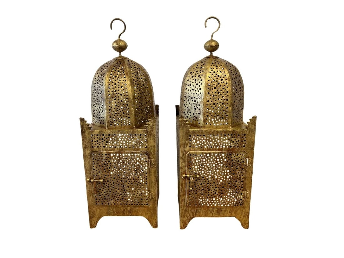 Bergdorf Goodman Hand-Pierced Brass Moroccan Lanterns, Pair: 8.5in square x 25in h