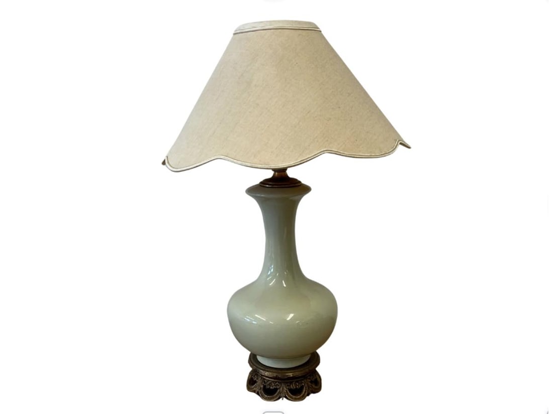 Vintage Celadon Glazed Porcelain Table Lamp with Scalloped Shade: 5.25in diameter x 16.5in hshade 11in diameter