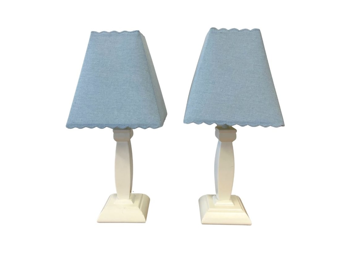 White Painted Wood Lamps with Blue Pierced Shades, Pair: Base 5.25in w x 5.25in d x 20in hShade 9.5in diameter