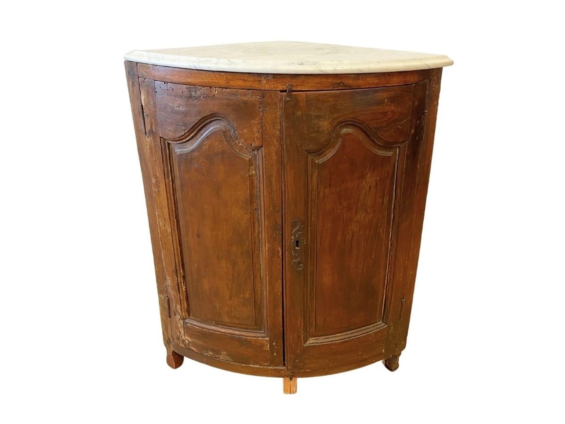 Antique French Corner Cabinet with Marble Top: 28.25in w x 17in d x 35in h, corner depth 18in