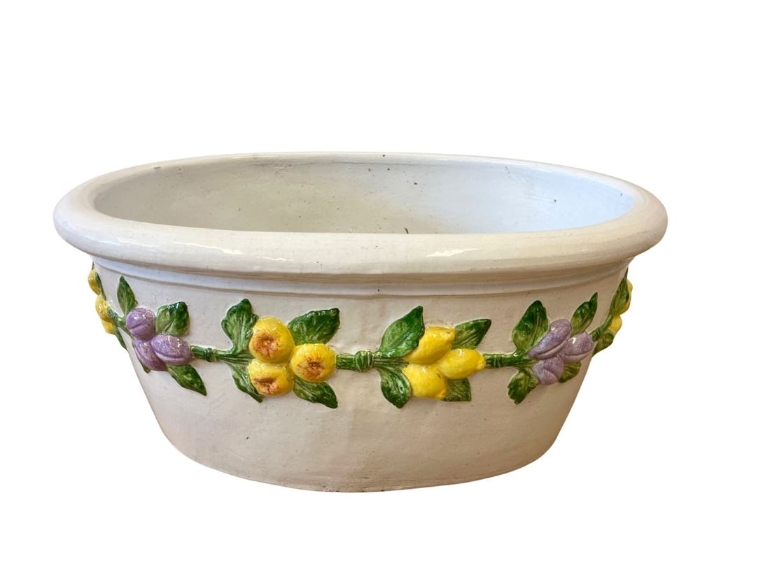 Vintage Italian Planter with Hand Painted Fruits: 27.5in w x 19in d x 13in h