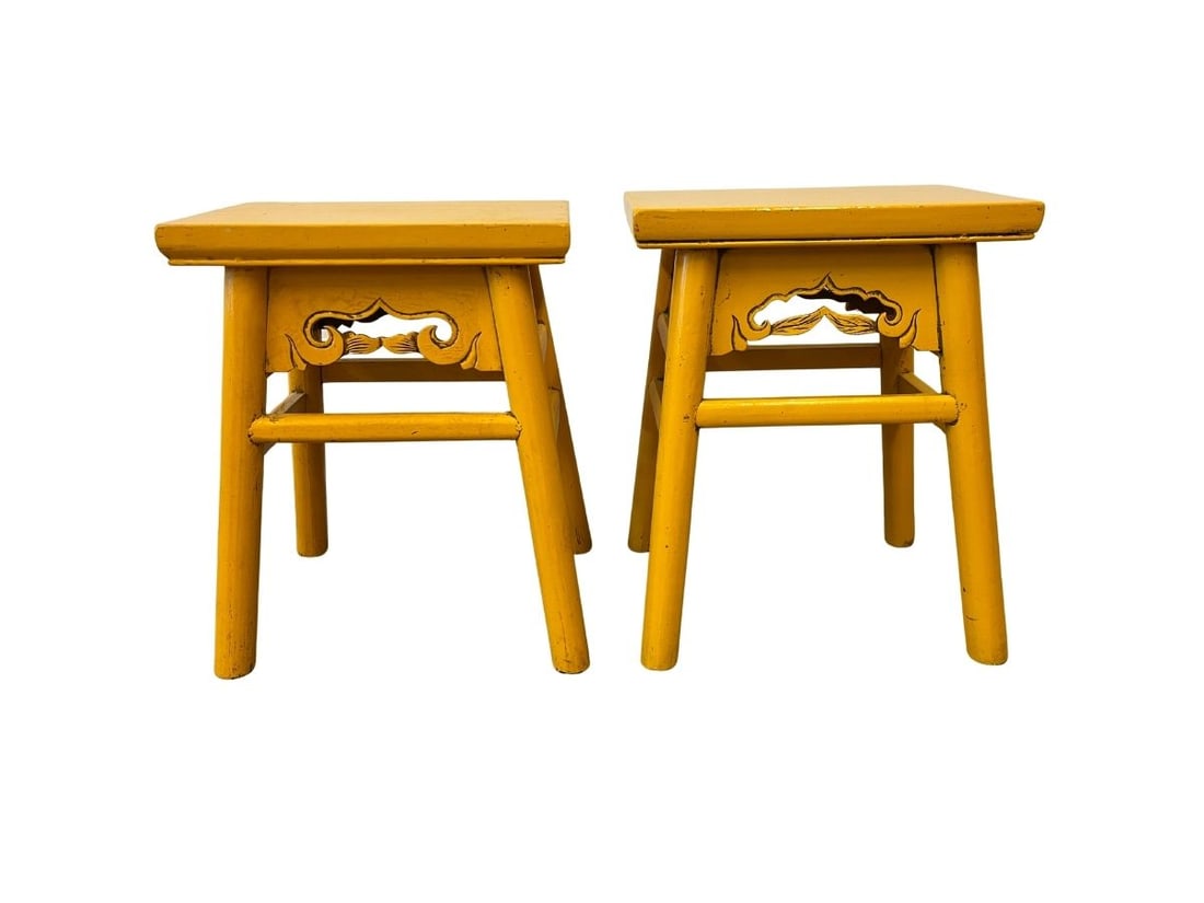Painted Asian Stools, Pair: 15.75in w x 10.75in d x 19.75in h