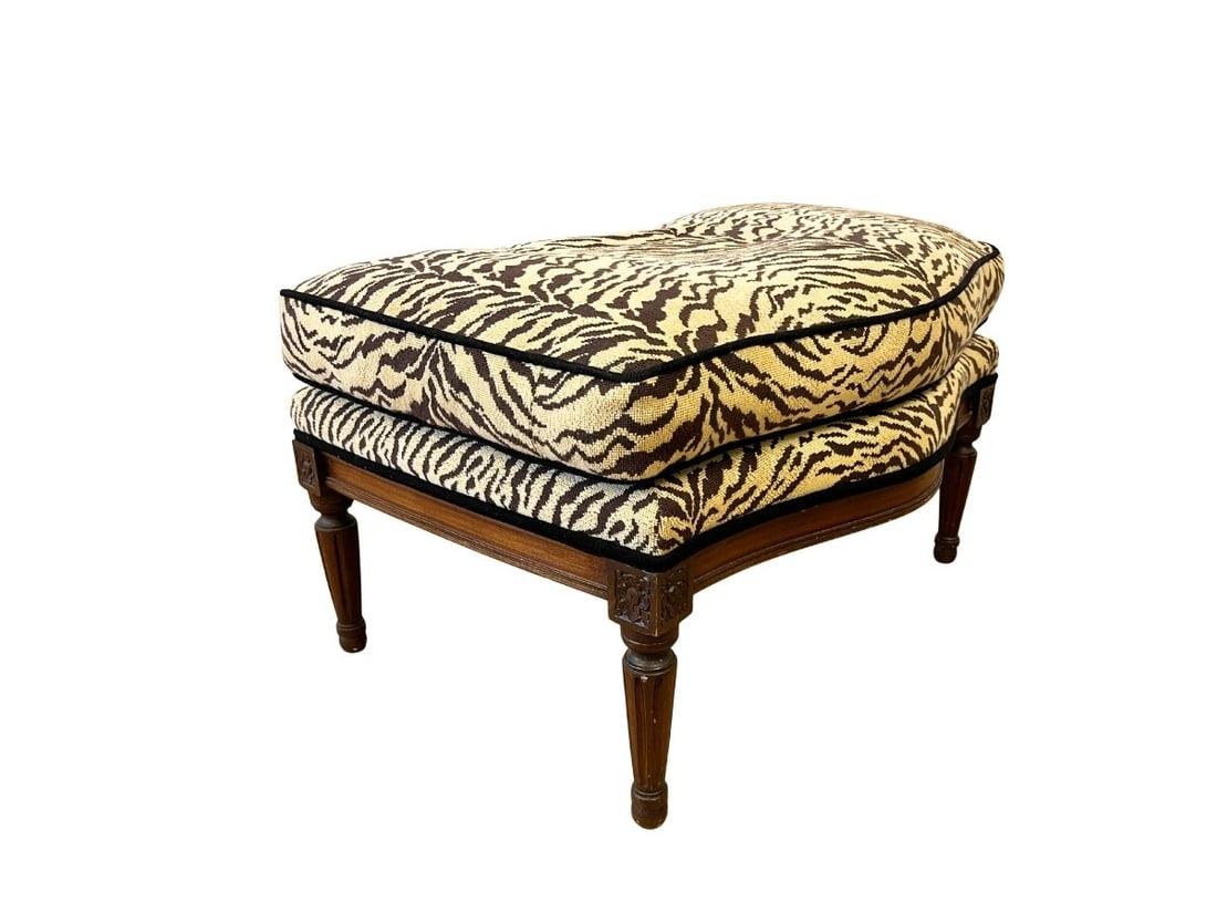 Vintage Style Ottoman in Tiger Print: 32in w x 21in d x 18in h