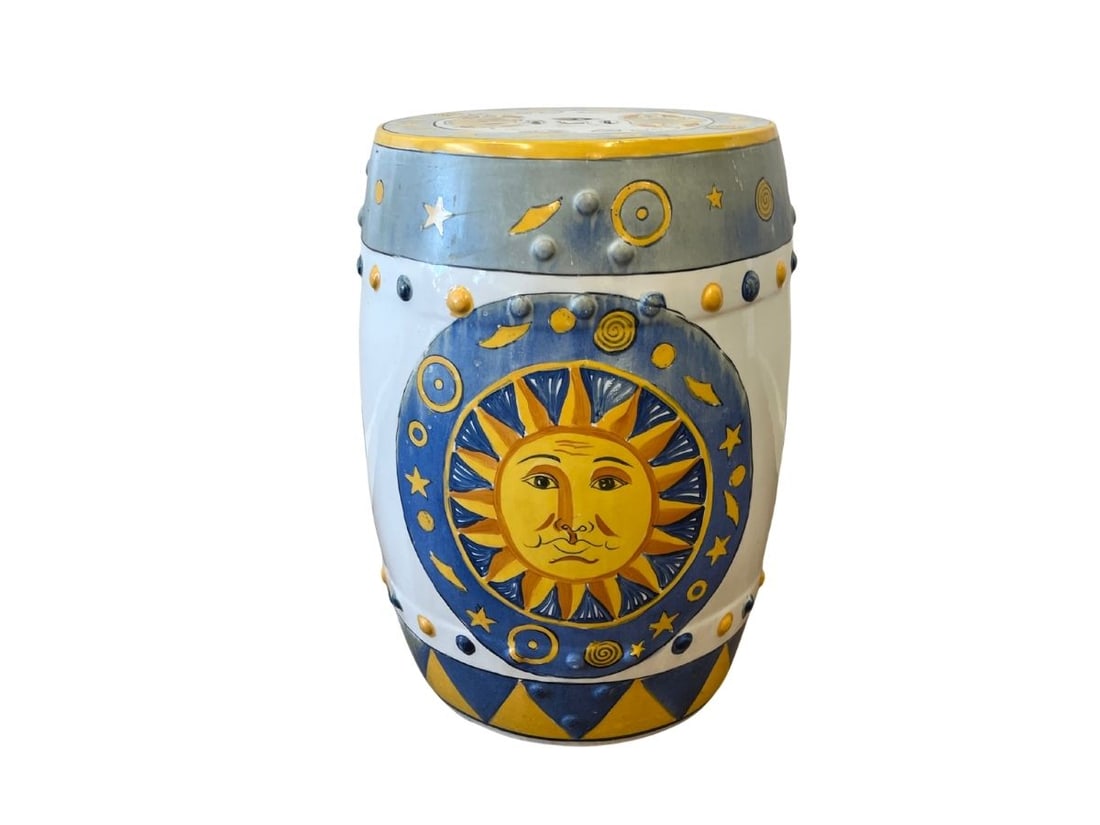 Vintage Celestial Ceramic Garden Stool: 14in diameter x 18in h