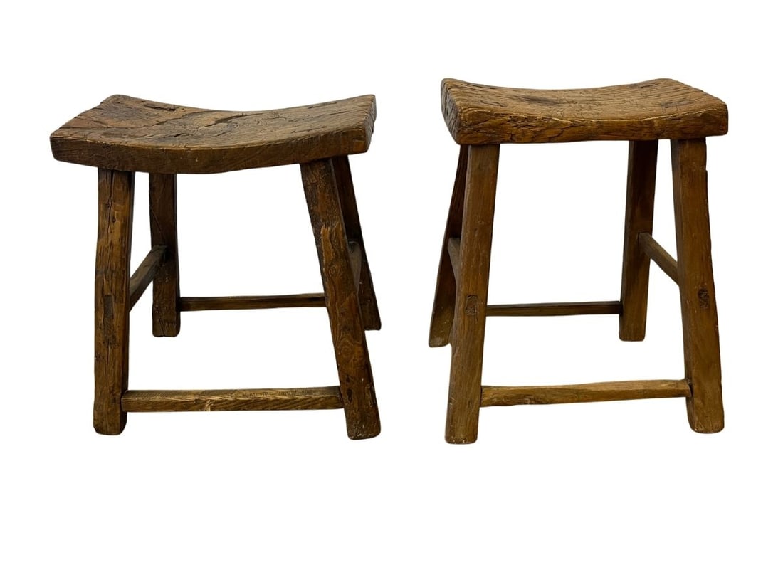 Antique Curve Top Elm Stools, Pair: 18in w x 15in d x 20in h, 15.5in w x 12.5in d x 21in h