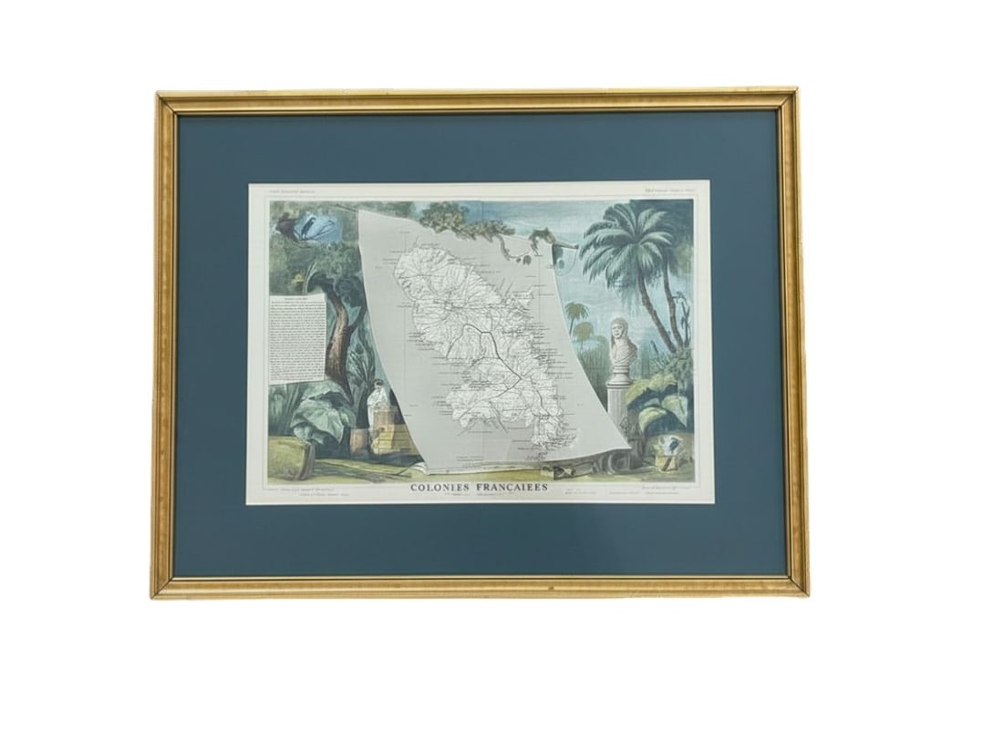 Framed Hand Colored French Colony Map, Colonies Francaises, Illustrated by Raymond Van Heur: 24.25in w x 18.5in h x 1in d