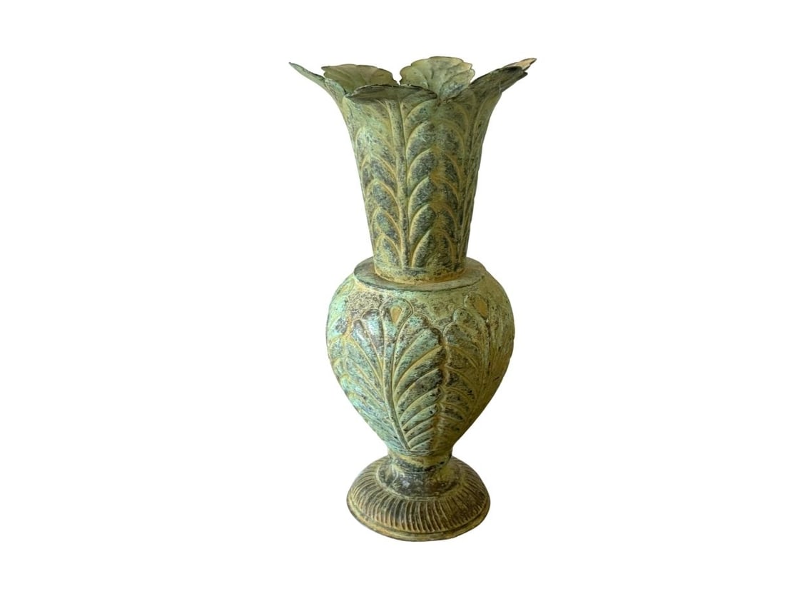Vintage Verdigris Tulip Vase: 9.5 in diameter x 18.5in h