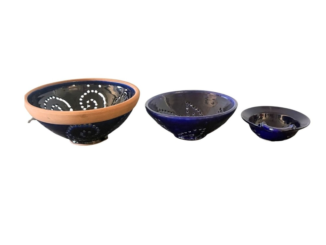 Blue Colander Bowls, Set of Three: Largest: 12in w x 5.25in h