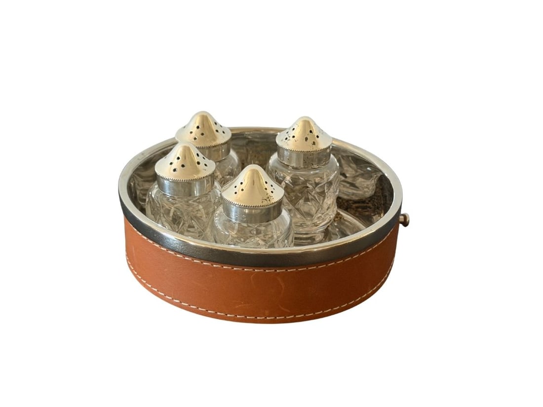 RL Wine Bottle Coaster and Set of Crystal Salt and Pepper Shakers: Shakers: 2.5in h, Tray 5.25in w x 1.5in h