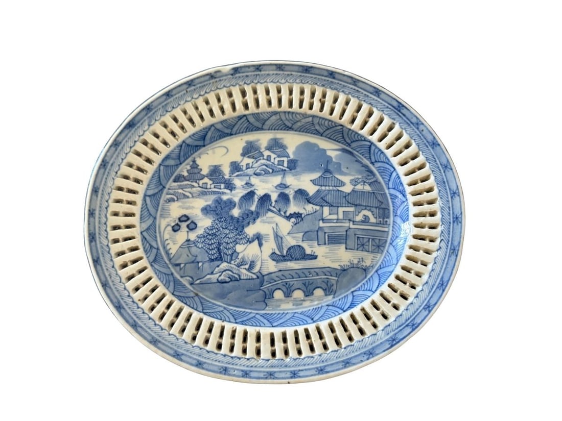 Antique Chinese Qing Dynasty Blue and White Reticulated Plate: 10in w x 8.5in d