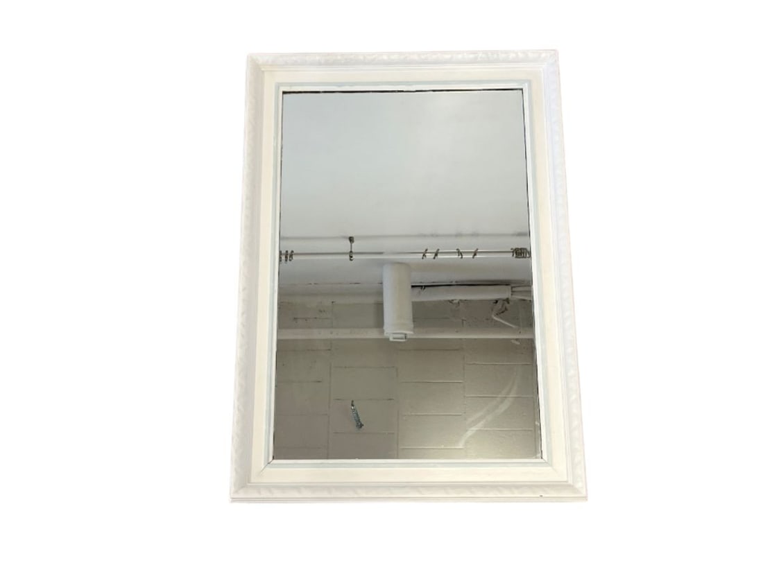 White Painted Mirror with Blue Trim: 25in w x 35.25in h x 1.75in d