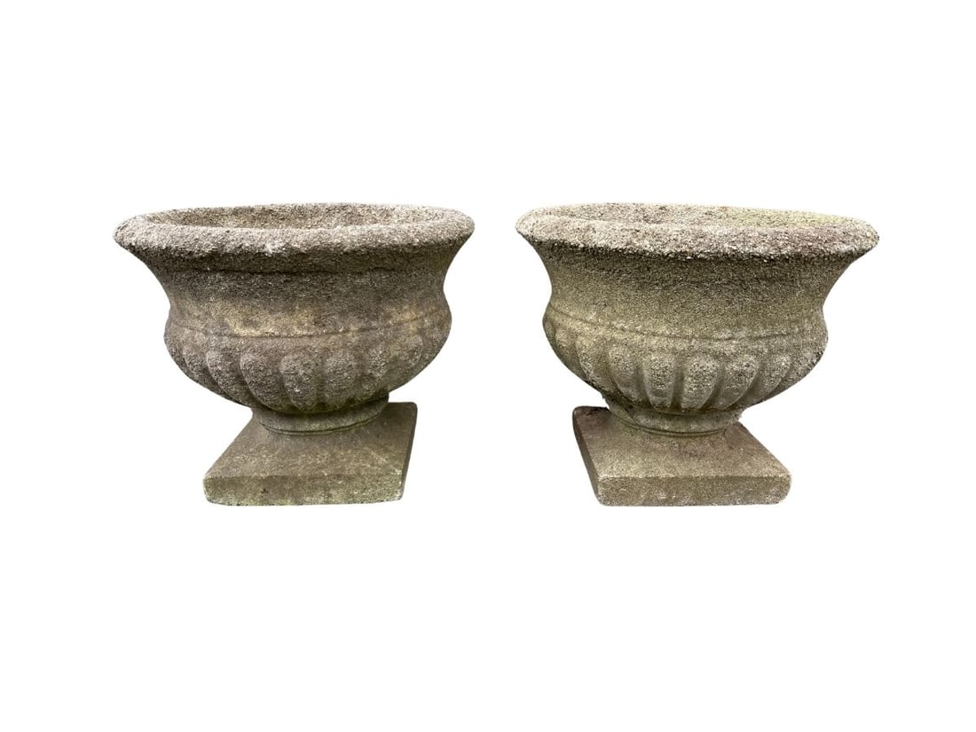 Vintage Cast Stone Urns, Pair: 14 in diameter x 11.5 in h