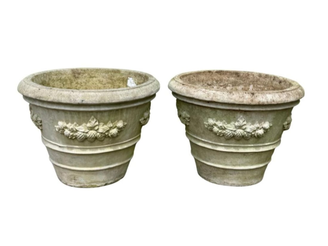 Nina Studio Cement Planters with Acorn Relief, Pair: 24 in diameter x 18 in h