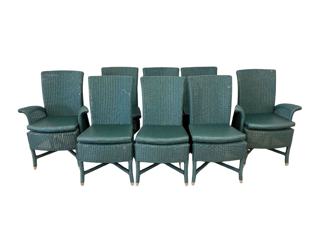 Lloyd Loom Dining Chairs, Set of Eight: Arm Chairs: 30 in w x 22 in d x 40 in h, Seat height: 21 in , Arm height: 26.5 in , Side Chairs: 21 in w x 22 in d x 40 in h, Seat height: 21 in