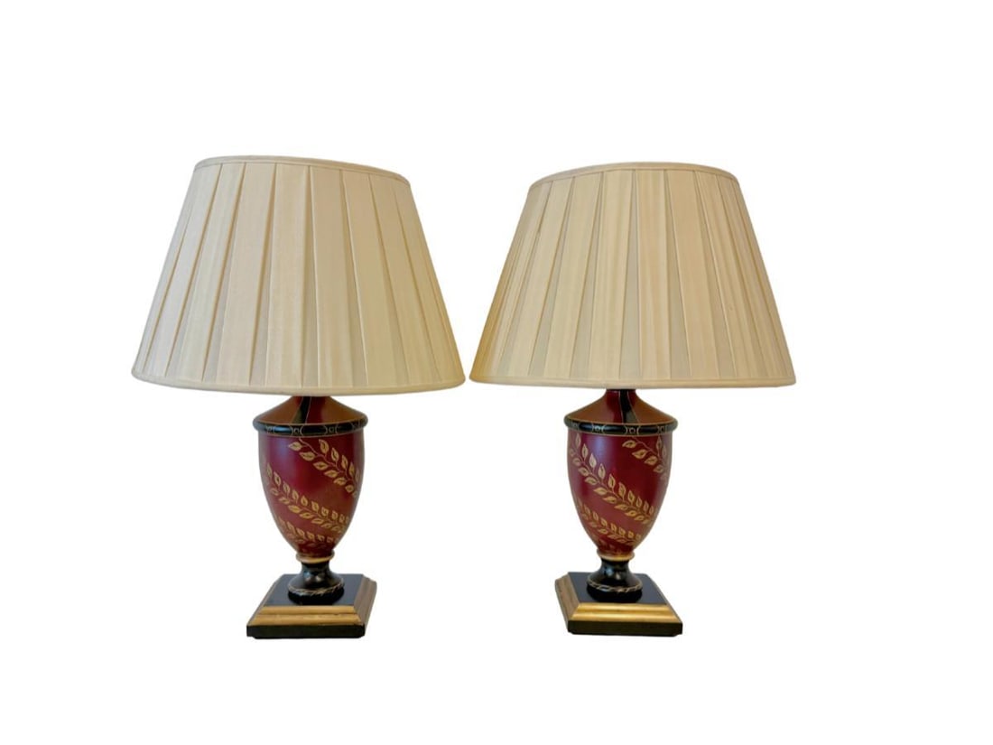 Wooden Hand Painted Wood Trophy Table Lamps, Pair: 6 in w x 6 in d in x 23 in h, Shades: 16 in diameter x 10 in h