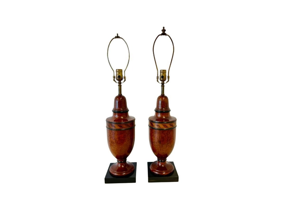 Regency Style Marquetry Inlaid Burlwood Trophy Lamps, Pair: 6.25 in square base x 29.5 in h
