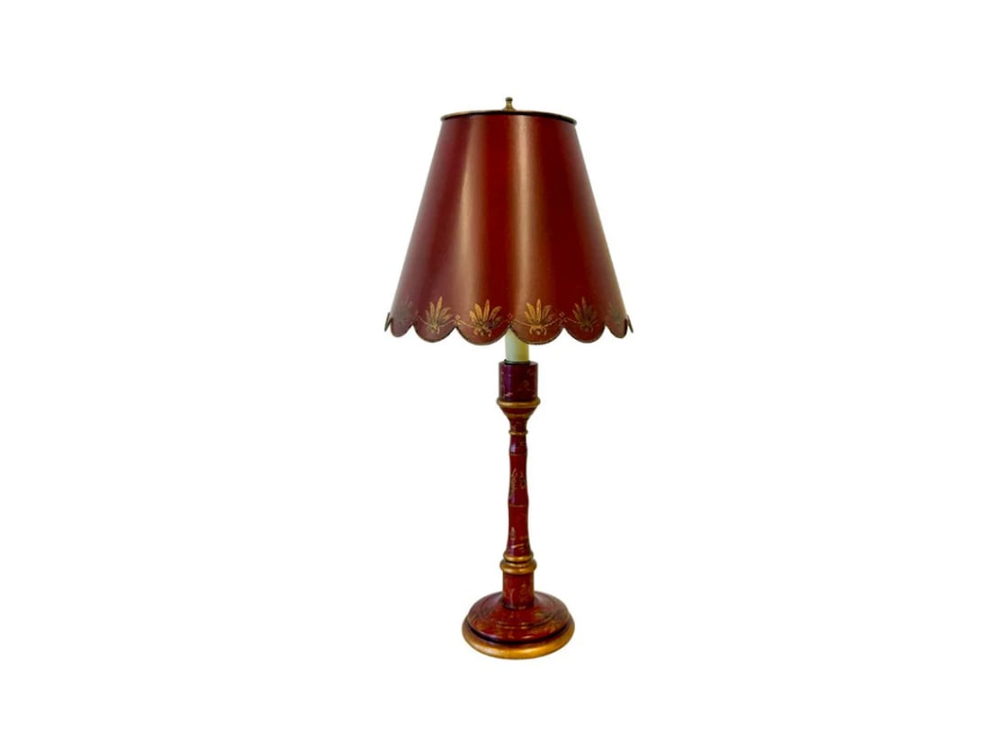 Hand Painted Red Chinoiserie Candlestick Lamp with Tole Shade: 5 in diameter x 22.5 in h, Shade: 10 in diameter x 9 in h