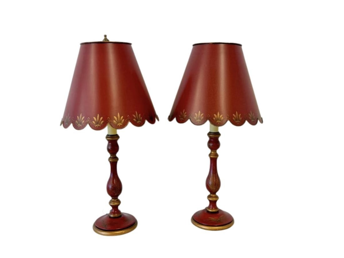 Red Candlestick Lamps with Tole Shades, Pair: 10 in diameter x 20.5 in h, Base: 4.75 in diameter