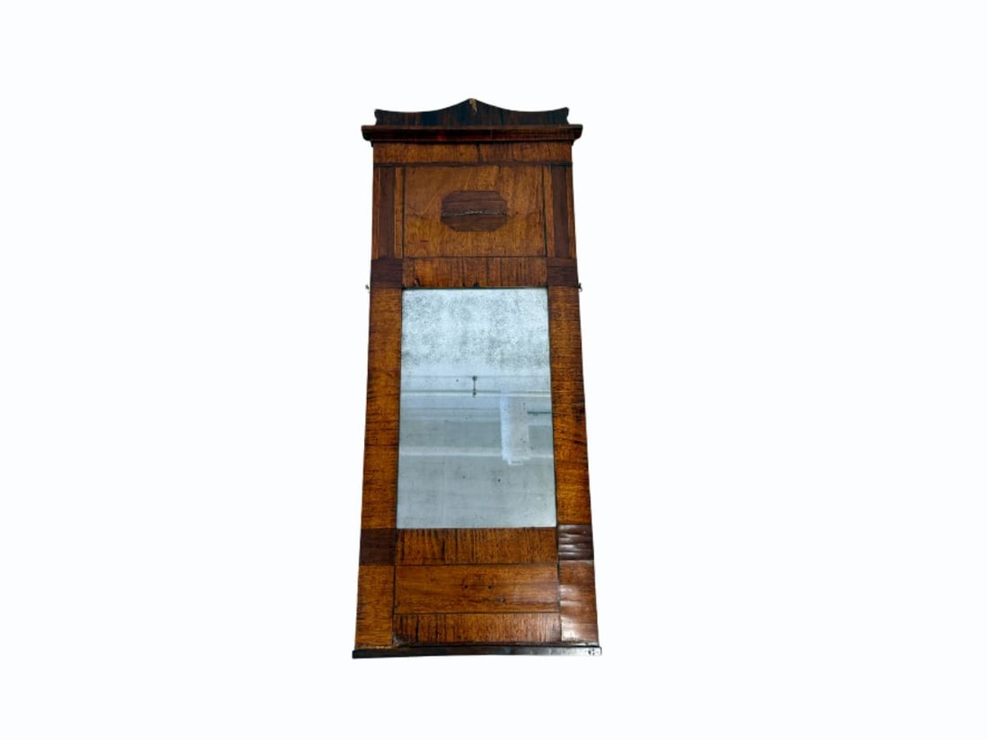 Antique Biedermeier Walnut Veneer Wall Mirror with Original Mercurial Glass: 15.5 in w x 40.5 in h x 1 in d