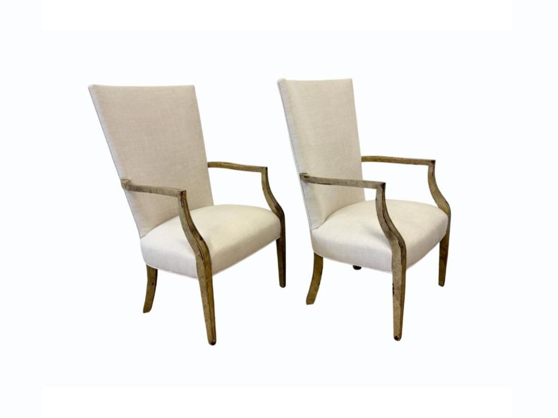 Custom High Back Linen Arm Chairs, Pair: 25.5 in w x 22 in d x 44 in h, Seat height: 18 in , Arm height: 27 in