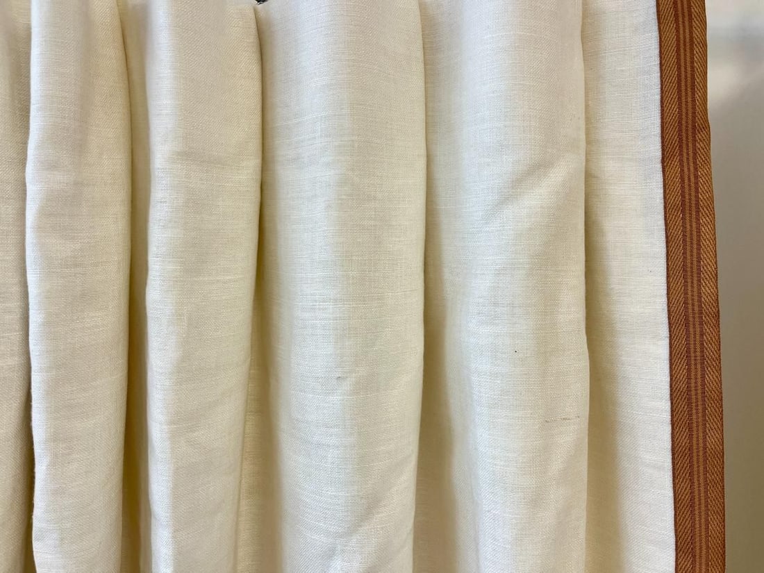 Linen White Window Panels with Trim, Pair: 48 in w x 96 in l, single pleat, fully lined.