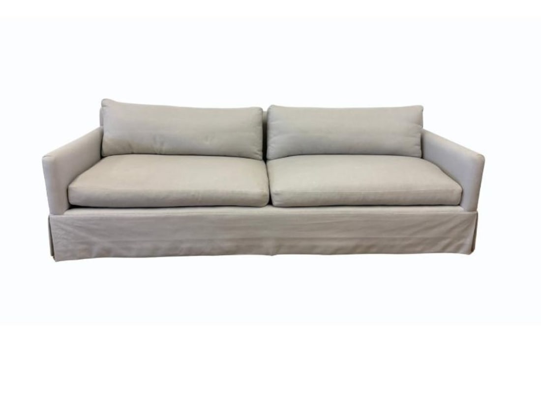 Custom Grey Track Arm Skirted Sofa: 95 in w x 36 in d x 29 in h, Seat height: 17 in , Arm height: 24 in