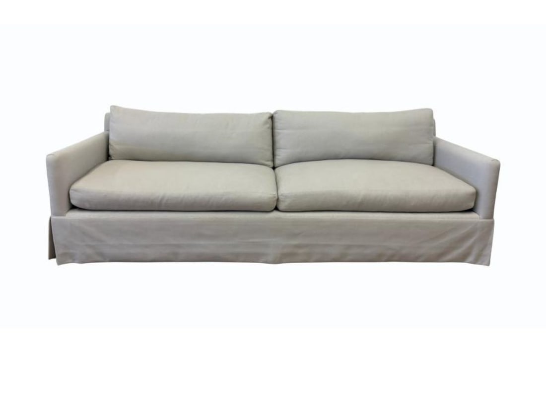 Custom Grey Track Arm Skirted Sofa: 95 in w x 36 in d x 29 in h, Seat height: 17 in , Arm height: 24 in