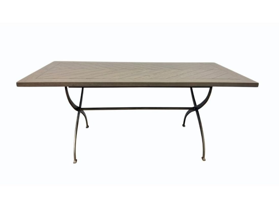 Modern Industrial French Chevron Oak Dining Table with Wrought Iron X-Base: 72 in w x 36 in d x 30 in h