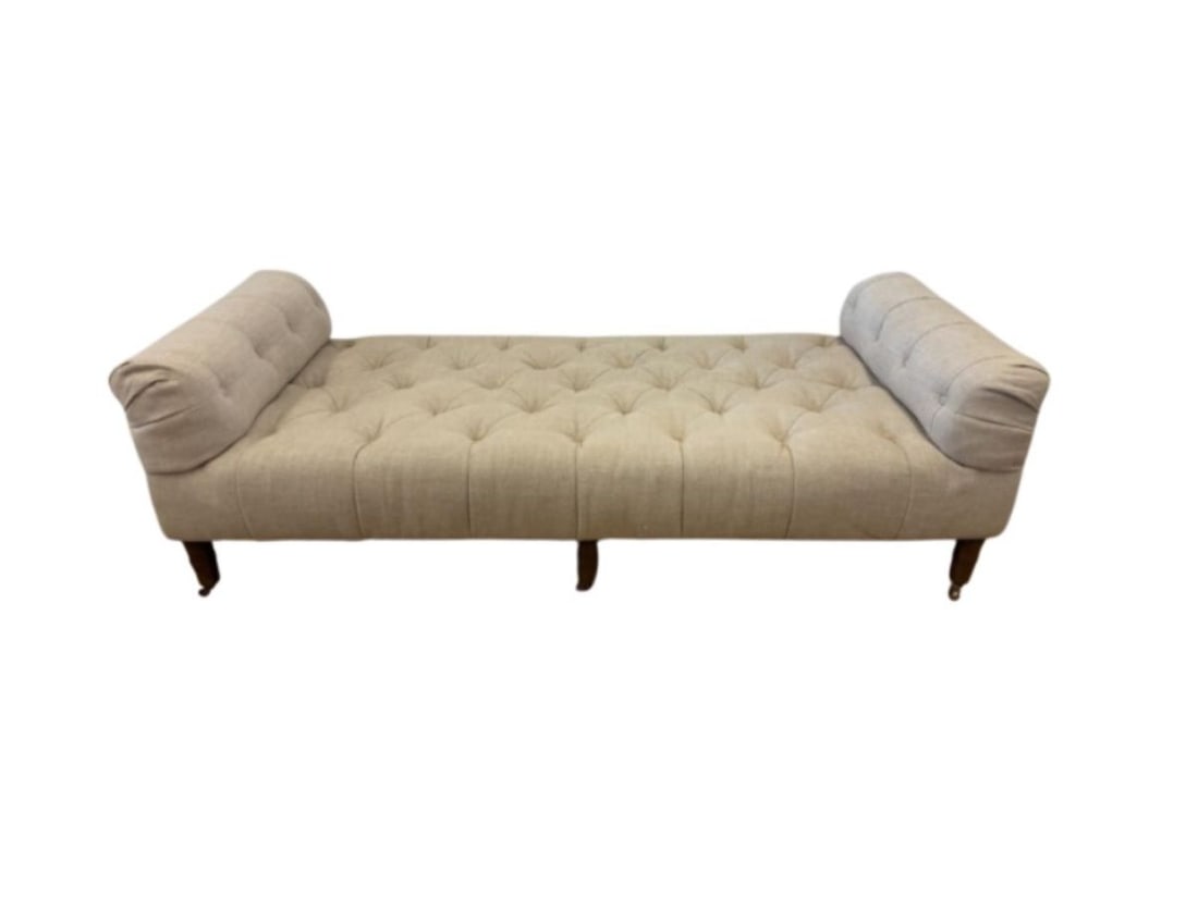 Restoration Hardware Camille Tufted Settee: 74 in w x 27 in d x 23 in h, Seat height: 16 in