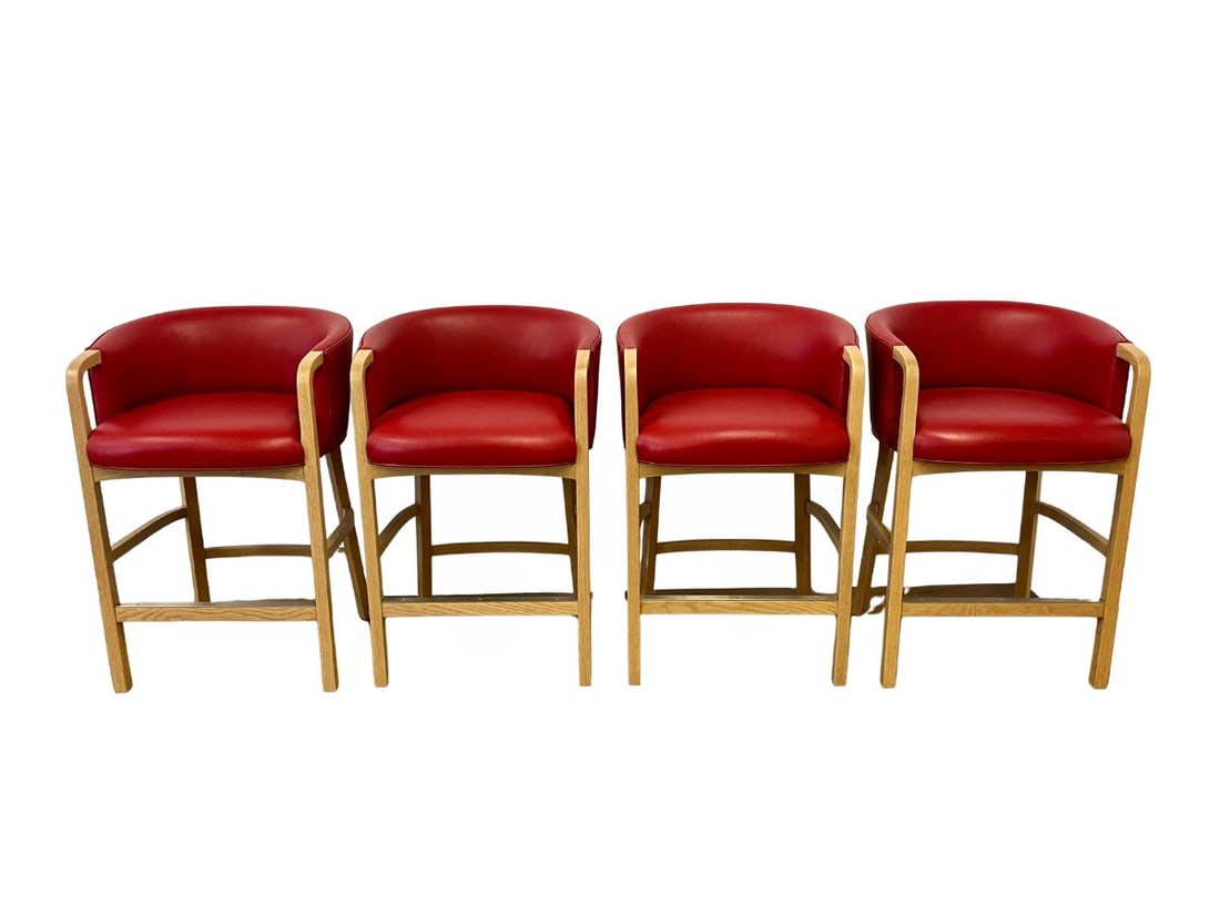 Custom Red Leather Bar Stools, Set of Four: 24 in w x 23 in d x 36 in h, Seat height: 27.5 in