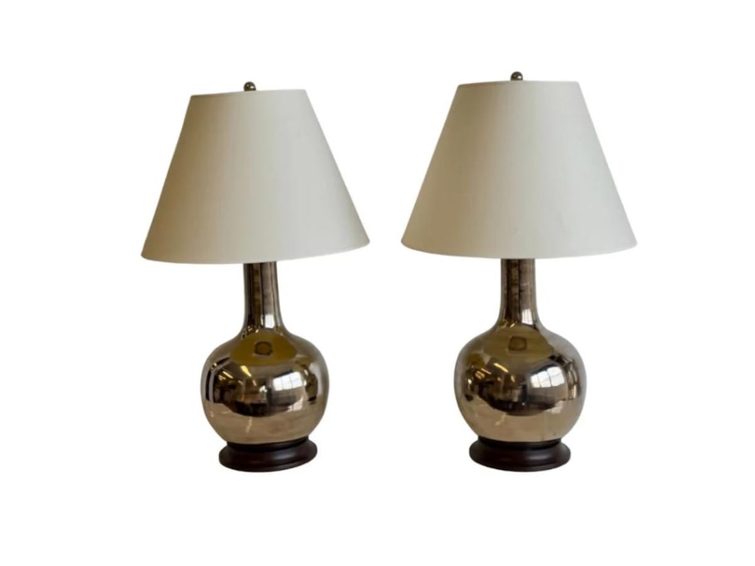 Spitzmiller Gourd Tables Lamps in Platinum Lustre, Signed: 10 in diameter x 30 in h, Nickel Double Socket Cluster,, Mahogany Base