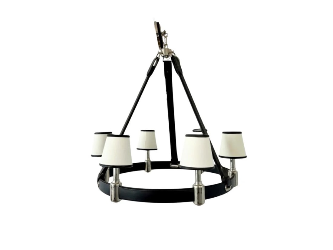 Ralph Lauren Black Leather & Chrome Riley Chandelier: 30.5 in diameter x 31 in h
