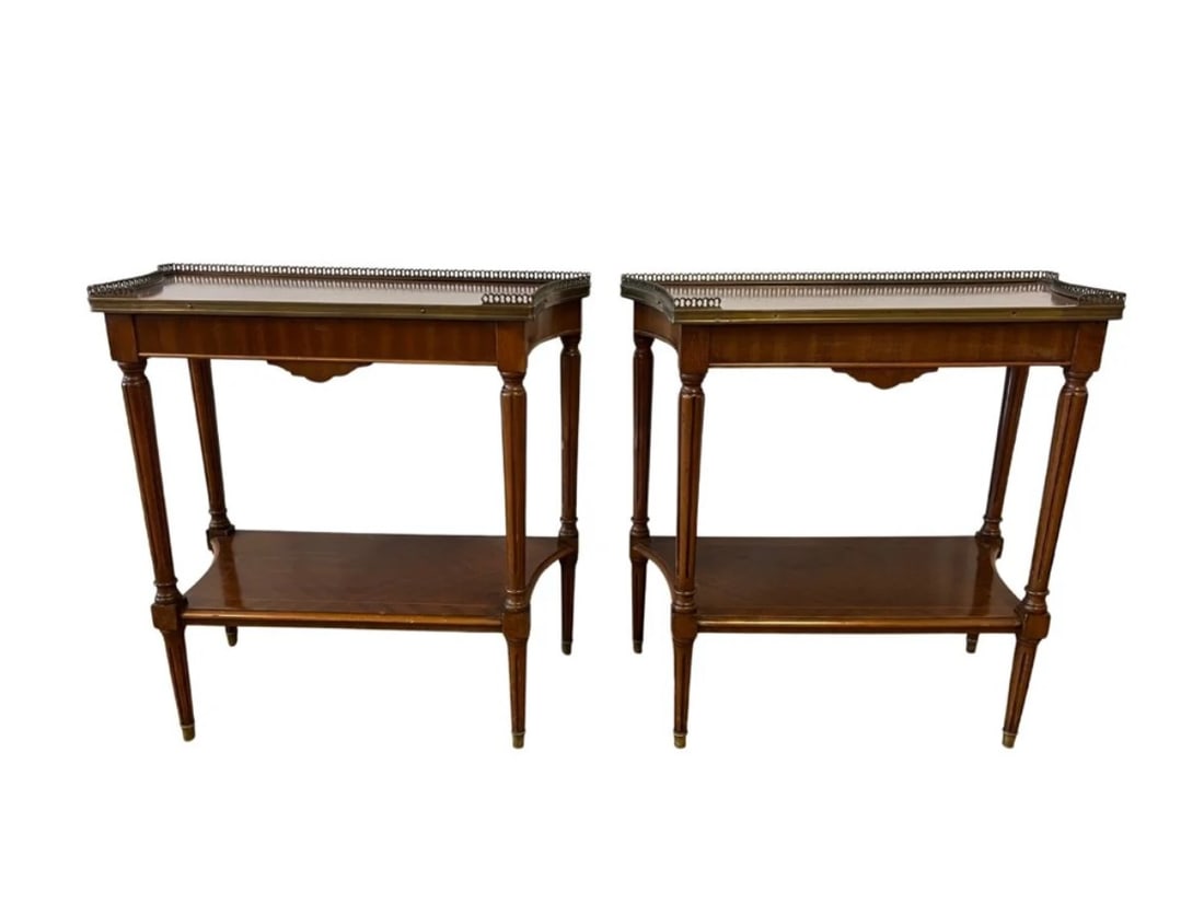 Antique Mahogany Side Tables with Brass Corner Gallery, Pair: 24.5 in w x 12.5 in d x 24.5 in h