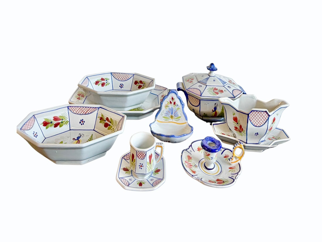 Vintage Quimper "Mistral Blue" Faience Painted Collection of: Lidded tureen: 10.5 in w x 8.5 in d x 6 in h, hand-painted and signed, Cup & Saucer: 3.5 in w x 2.5 in d x 2.5 in h, saucer: 4.75 in x .75 in h, Wall pocket: 5.5 in w x 4 in d x 4.25 in h, Octagonal s