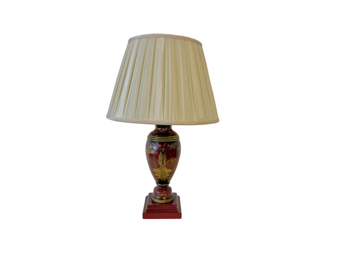 Red Painted Chinoiserie Table Lamp: 6 in square x 25.5 in h, Shade 16 in diameter x 11 in h
