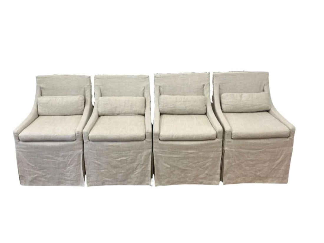 Restoration Hardware Low Belgian Slipcovered Arm Chairs, Set of 4: 24 in w x 24 in d x 31 in h, Seat height 19.5 in, Arm height 23.75 in