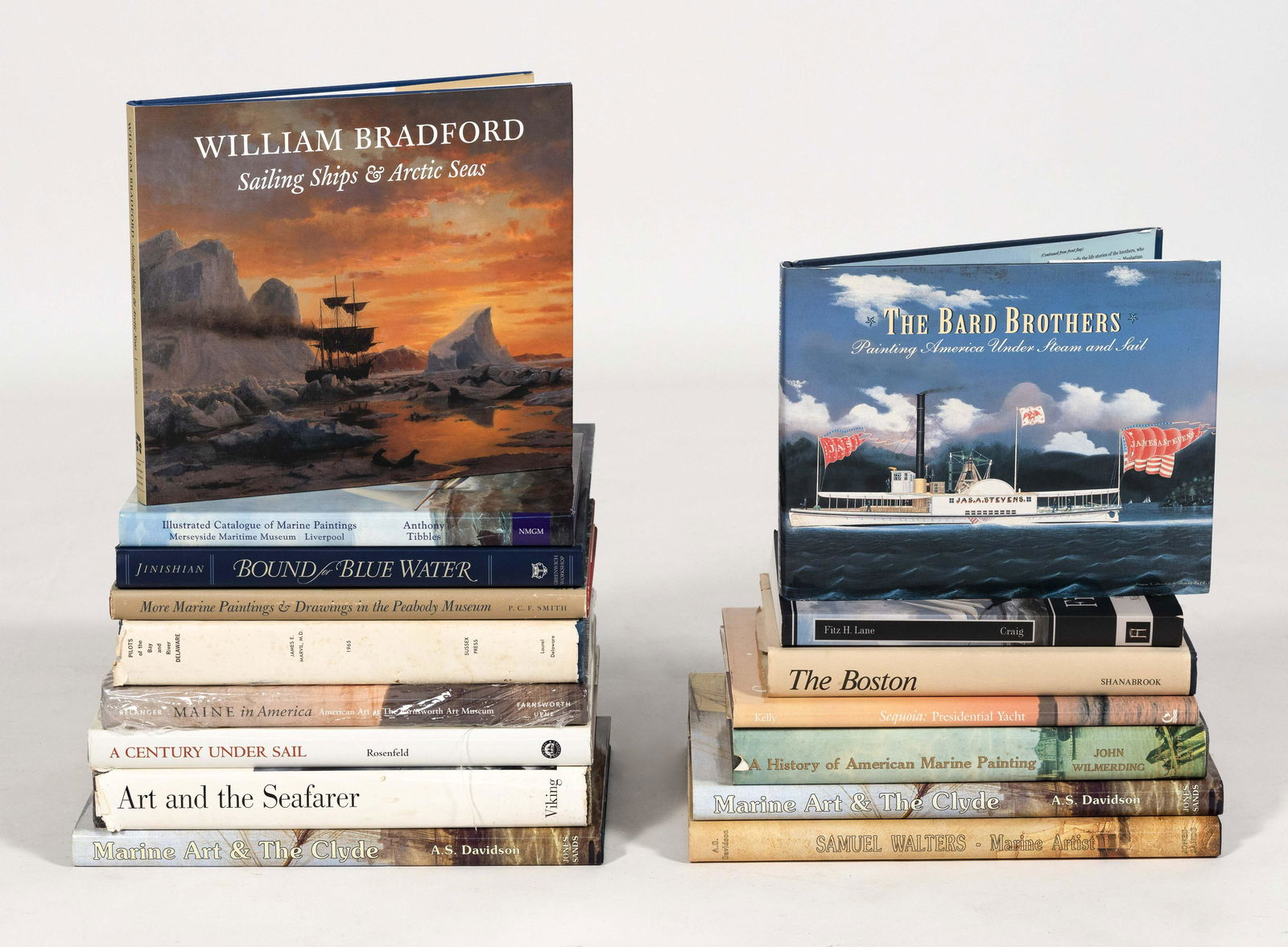 SIXTEEN BOOKS ON MARINE ART Sizes, conditions and: SIXTEEN BOOKS ON MARINE ART Sizes, conditions and bindings vary. Includes Bound for Blue Water, William Bradford Sailing Ships & The Arctic Seas, Marine Art & the Clyde, Merseyside Maritime Museum Ill