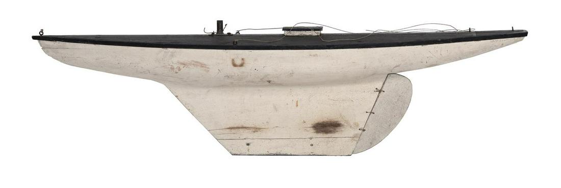 POND MODEL Appears to be plank-on-frame construction.: POND MODEL Circa 1930 Appears to be plank-on-frame construction. Deck painted black. Hull painted white. Complete with spars and sail. Height excluding sail 24.25". Length 24.5".
