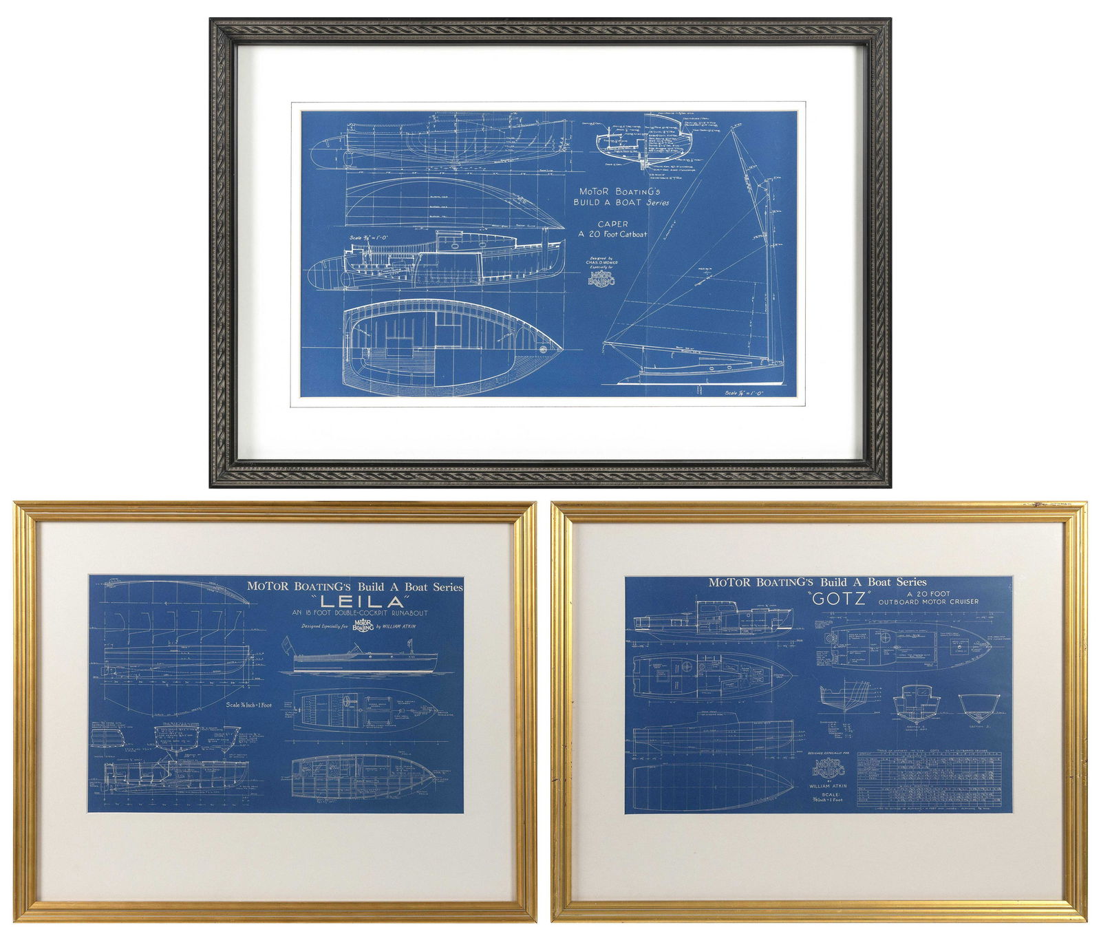 SET OF THREE YACHT BLUEPRINTS 20th Century: SET OF THREE YACHT BLUEPRINTS 20th Century For the yachts Caper, Leila and Gotz. Largest frame 20" x 25.5".