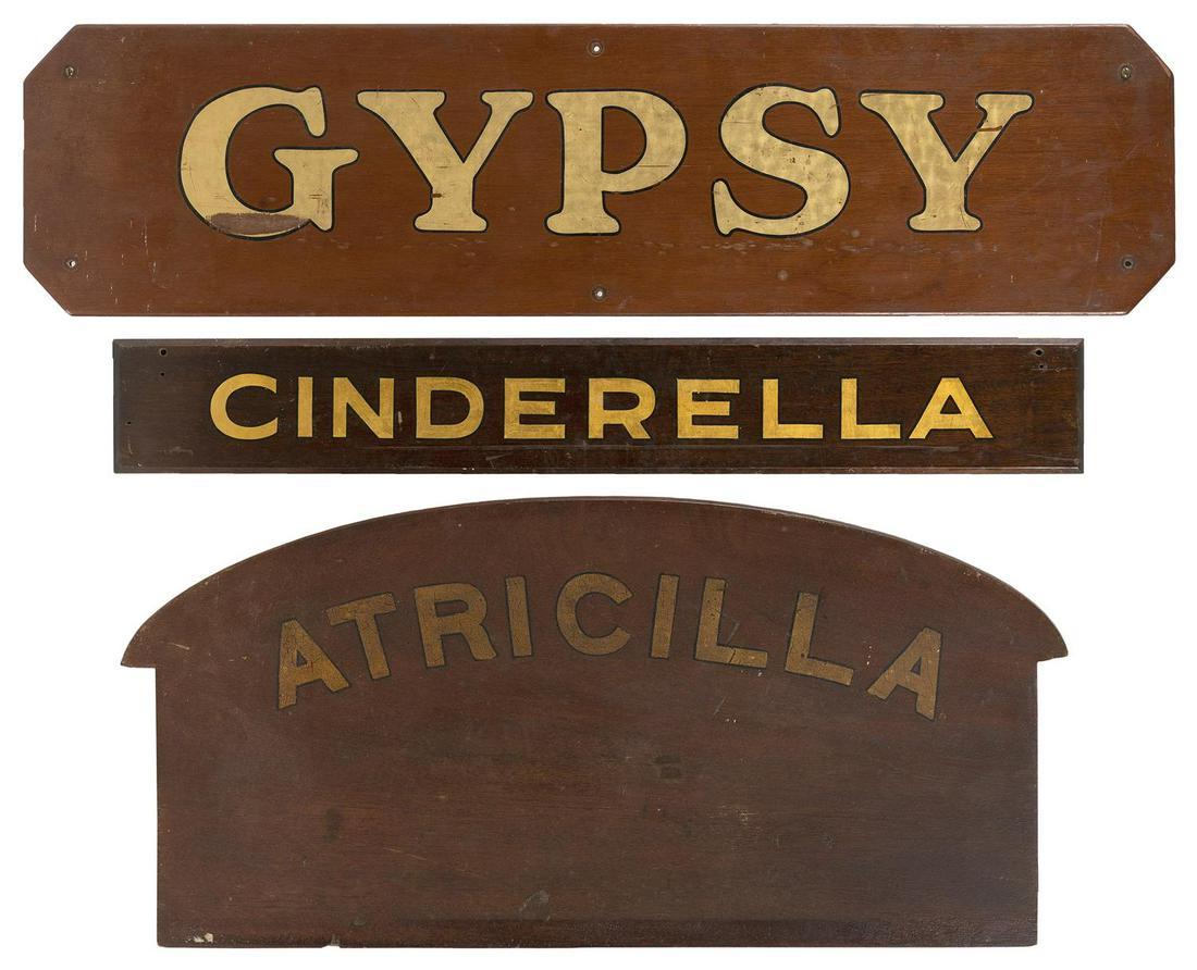 THREE SHIP'S NAMEBOARDS For the "Gypsy", "Atricilla": THREE SHIP'S NAMEBOARDS For the "Gypsy", "Atricilla" and "Cinderella". Largest 9" x 36".