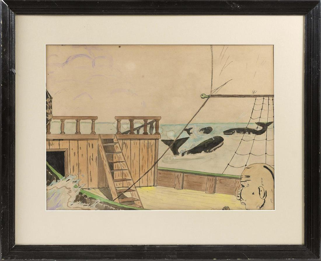 FOLKSY MOBY DICK-THEMED WATERCOLOR Depicts Queequeg the: FOLKSY MOBY DICK-THEMED WATERCOLOR 1930s Depicts Queequeg the Islander Harpooner on deck of the Pequod, looking out at whales surfacing near the ship. No apparent signature. 17" x 23" sight. Framed 26