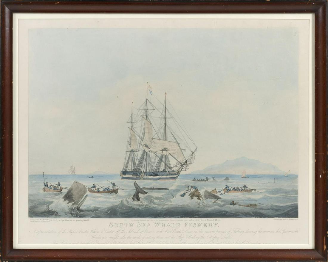 "SOUTH SEA WHALE FISHERY" LITHOGRAPH Early 20th Century: "SOUTH SEA WHALE FISHERY" LITHOGRAPH Early 20th Century Marked along lower margin "A Representation of the Ships Amelia Wilson & Castor off the Island of Bouro. with their Boats & Crew, in the
