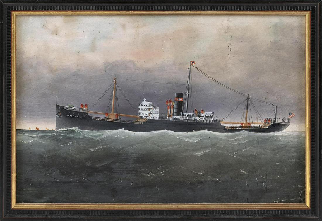 W.H. HOOPER, England, 19th Century, Portrait of the: W.H. HOOPER England, 19th Century Portrait of the steamship West Cape. Unsigned. Label verso marked "W. H. Hooper, 77 Mersey Street, Holderness Road, Hull". Oil on board, 10.5" x 16&quo