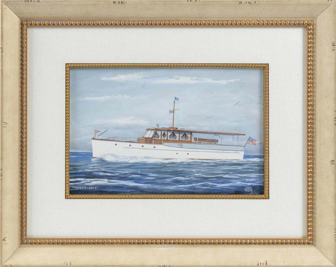JOHN AUSTIN TAYLOR, New York, 20th Century, Portrait of: JOHN AUSTIN TAYLORNew York, 20th CenturyPortrait of the motor yacht Thirsty Lady II. Signed lower right "John Austin Taylor".Gouache on board, 9.25" x 14" sight. Framed 19.75"